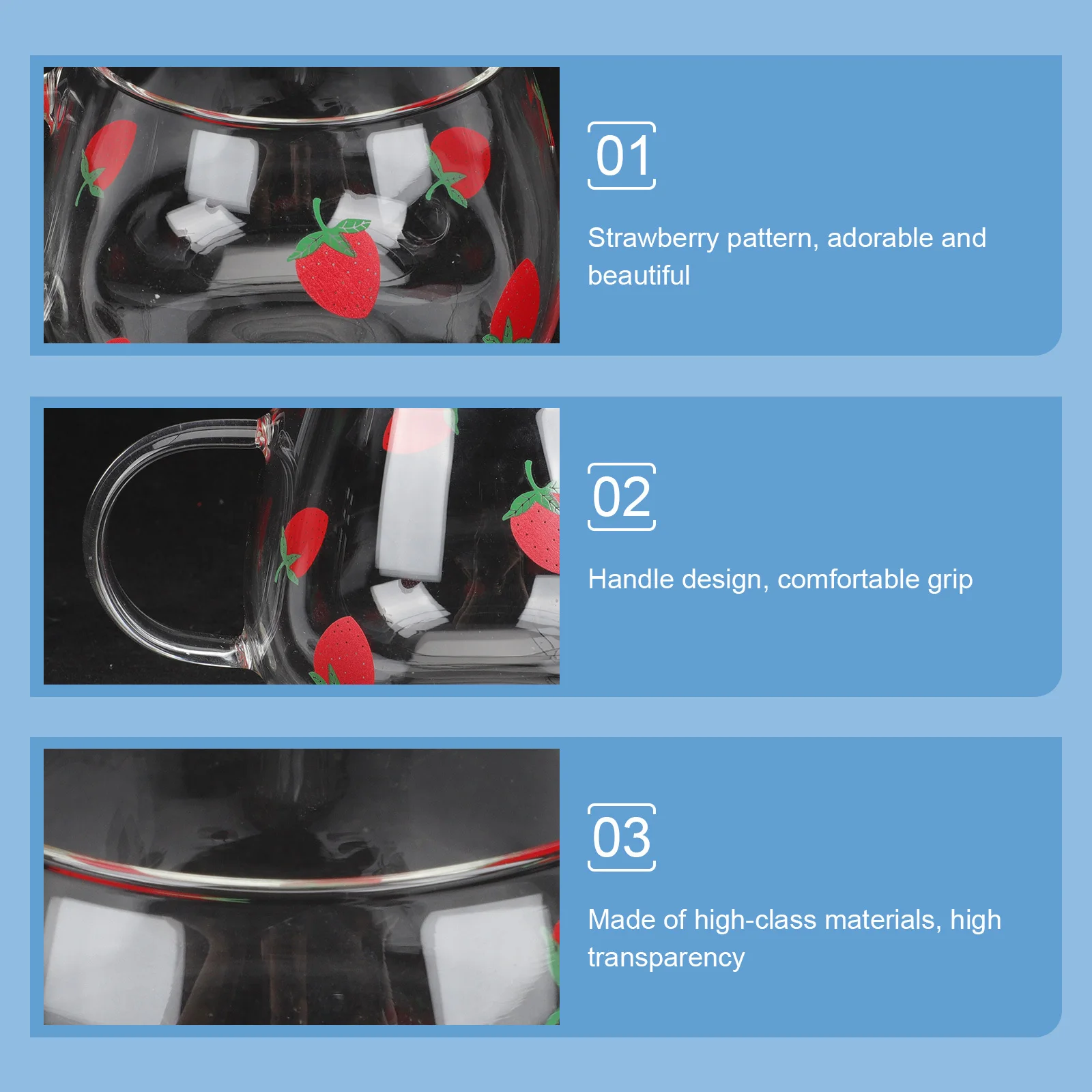 

2Pcs Glass Strawberry Pattern Cups Perfect for Drinking Water Milk Coffee Tea Decorative Beverage Glassware for Home Restaurant