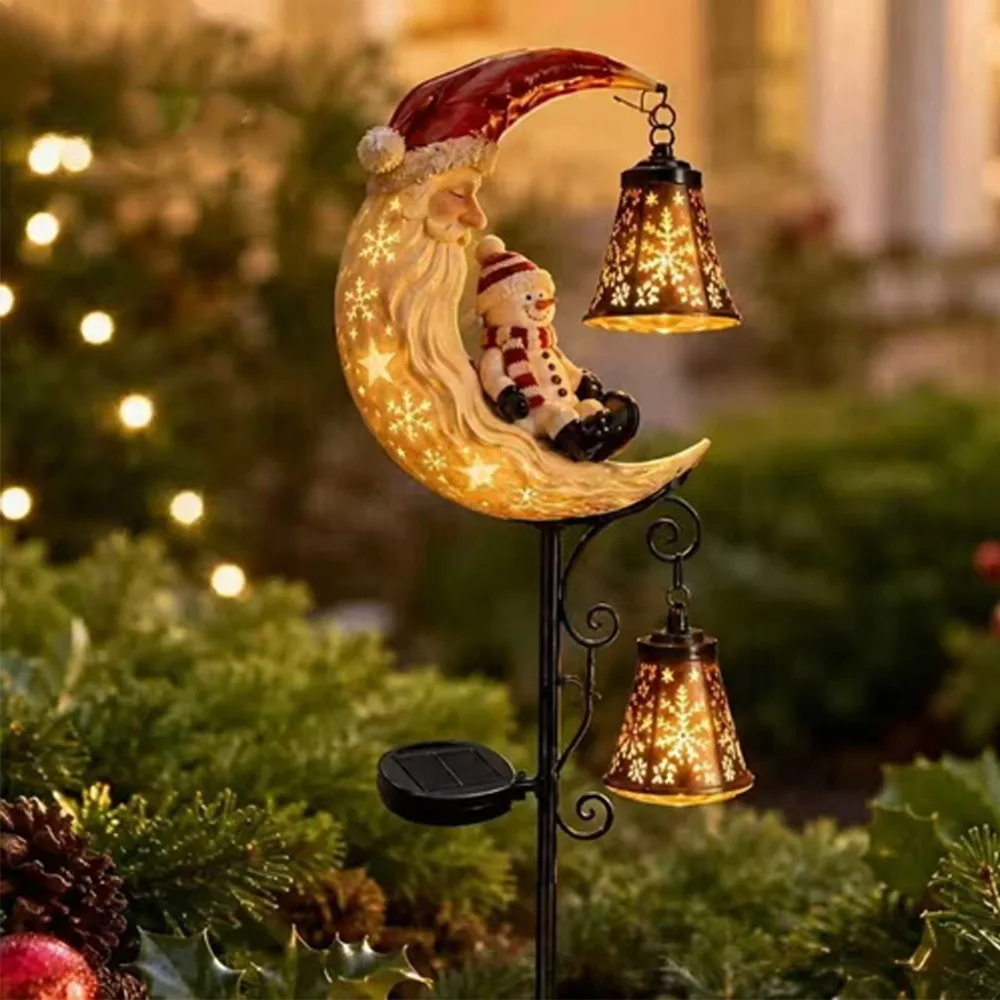 LED Glowing Christmas Moon Solar Stake Light with Bell Hollow Lantern Solar Santa Snowman Light Waterproof Iron Metal