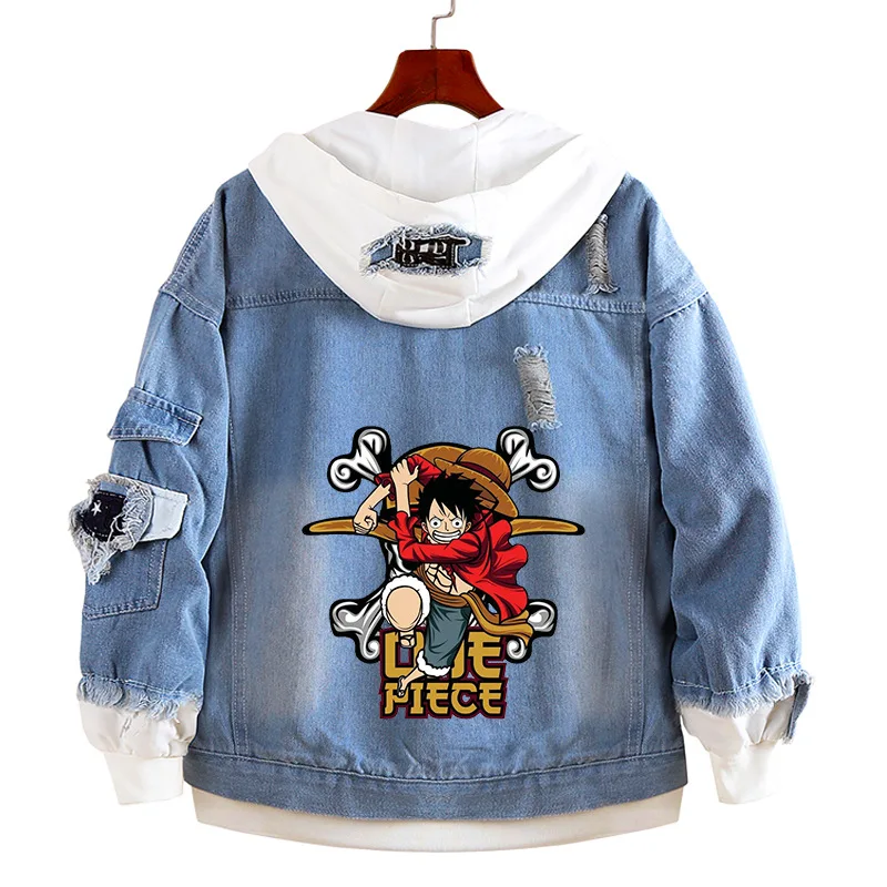 One Piece Monkey D Luffy Denim Jacket Fake Two Piece Hooded Jean Coat Luffy Print Outerwear Men Women Streetwear Casual Jacket