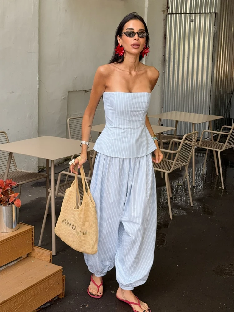 TARUXY Women Striped Strapless Tube Top High Waist Balloon Wide Leg Pants Set Sleeveless Peplum Hem Trousers Set Summer Street