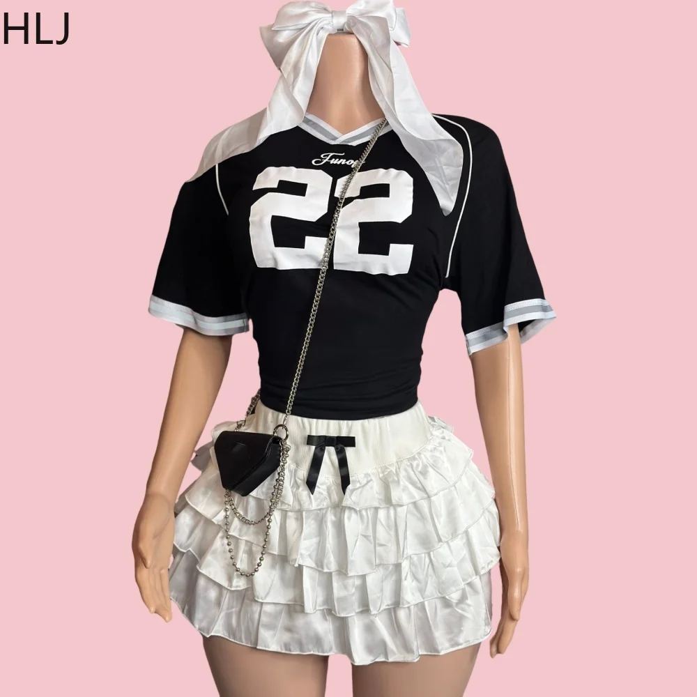 HLJ Black Fashion Basketaball Tshirt Two Piece Sets Women V Neck Short Sleeve Top And Mini Bow Ruched Skirts Outfits Streetwear