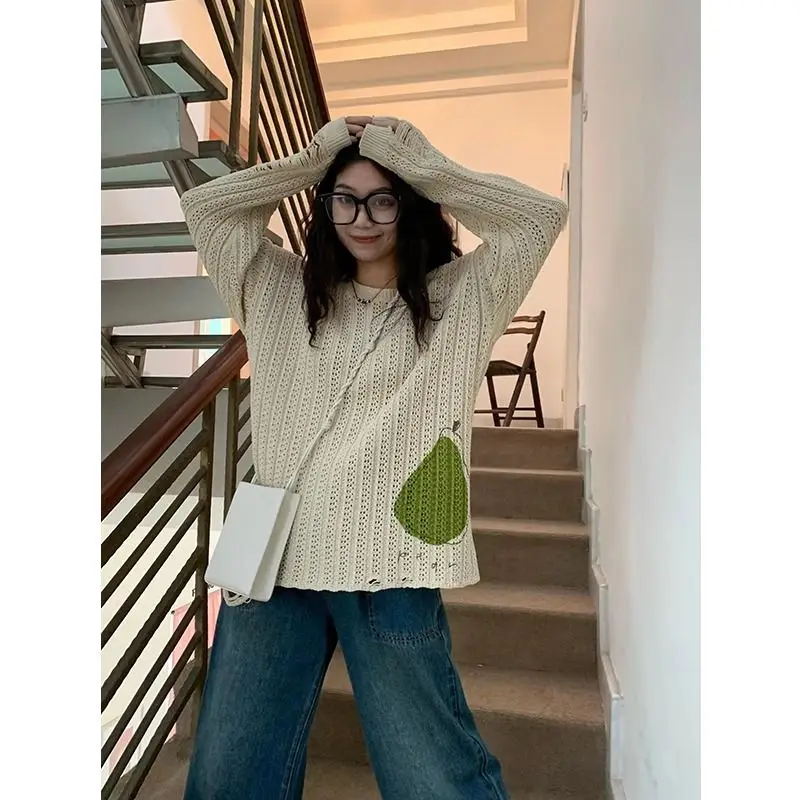 

Patchwork Pullover Knitwear Shirt Women Tops Spring New Korean Fashion Lazy Loose Casual Hollow Out Cover up Women Clothing