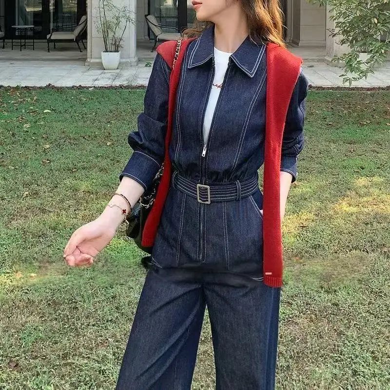 Retro Slimming Denim Jumpsuit Women's Spring And Autumn Fashion Korean Version Niche Design Casual Pants