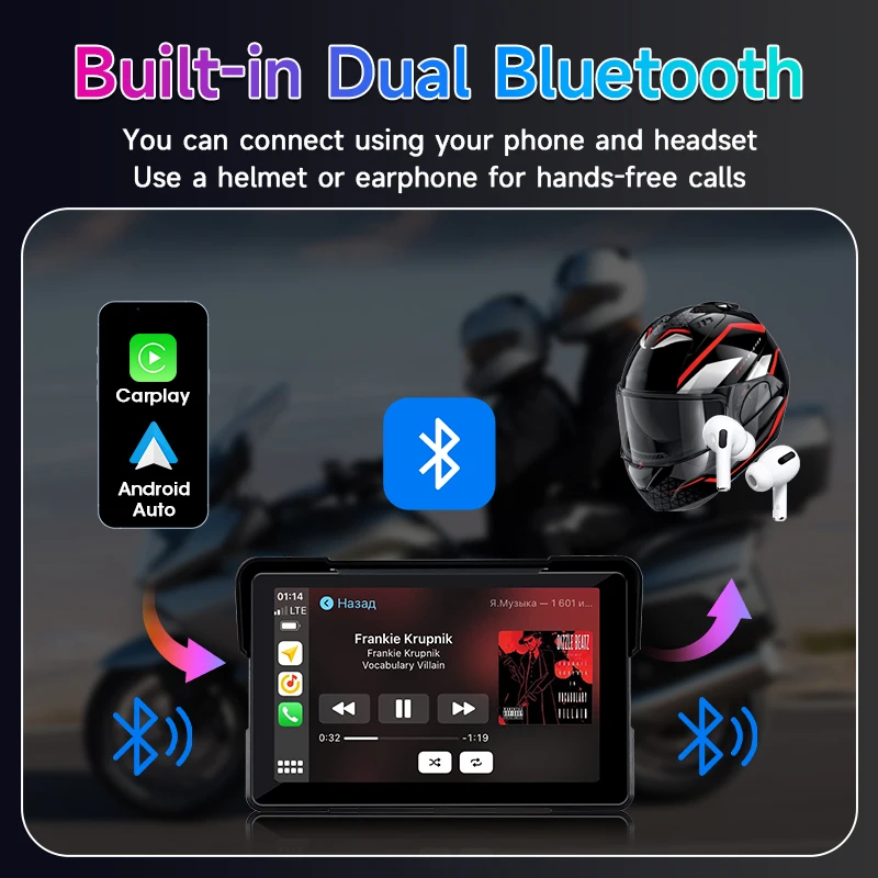 7 inch motorfiets DVR navigatie CarPlay 2K camera IP67 waterdichte host Dual Bluetooth draadloze Android Auto voor Moto-scherm