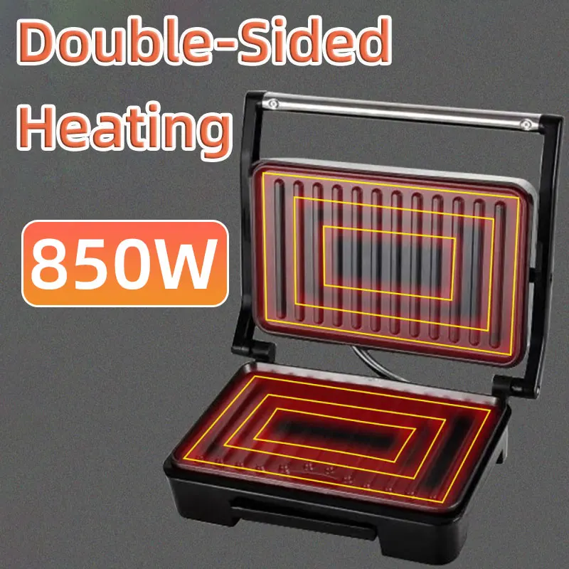 Household Multifunctional Panini Breakfast Machine,850W Electric Barbecue Machine,Double-Sided Heating