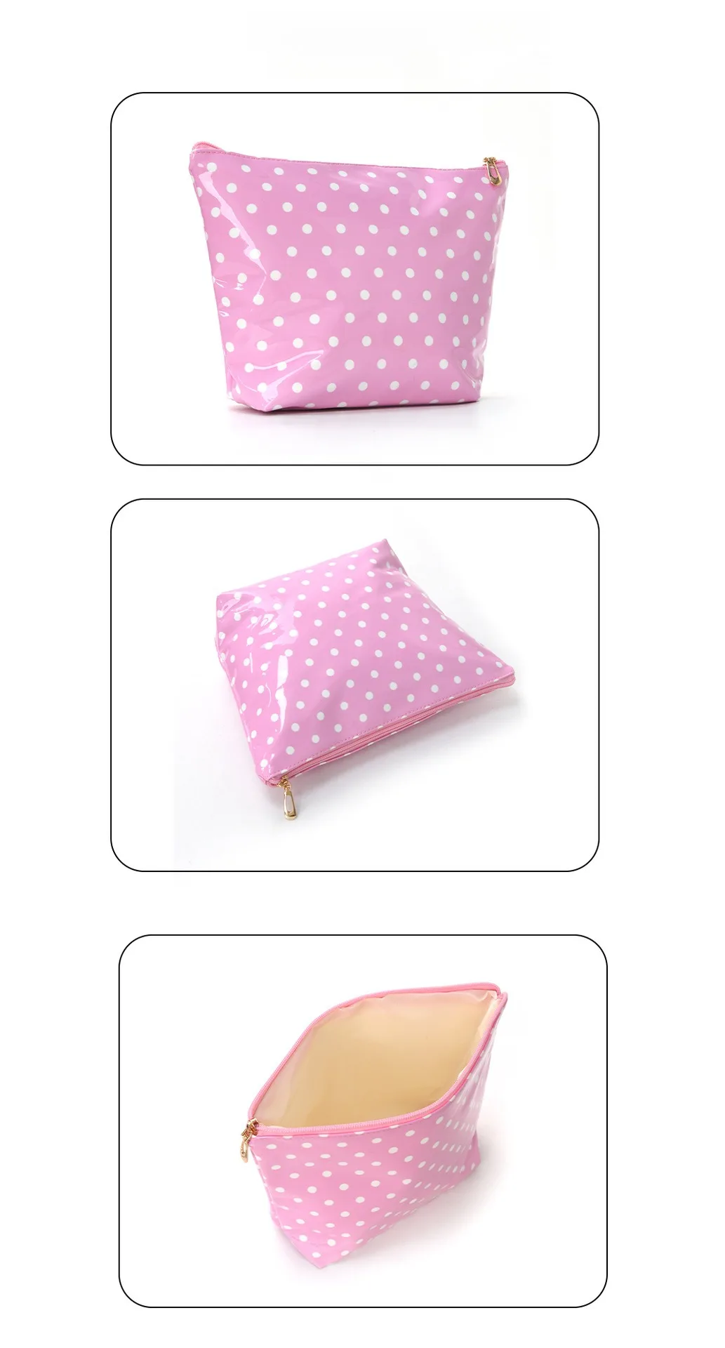 Modische, hochwertig aussehende, geräumige Aufbewahrungstasche, tragbare Handtasche für Toilettenartikel, glänzende Make-up-Tasche mit Tupfenmuster. – Detail 5