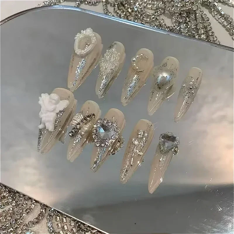 

Long Stiletto Handmade Angel Design Press On Nails Y2K Bling Acrylic False Nails Stick On Nails Reusable Fake Nail With Glue