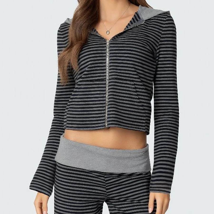 Damskie bluzy z kapturem na rok 2025, patchworkowe, dopasowane, z długim rękawem, w paski, zapinane na zamek, streetwearowe topy.