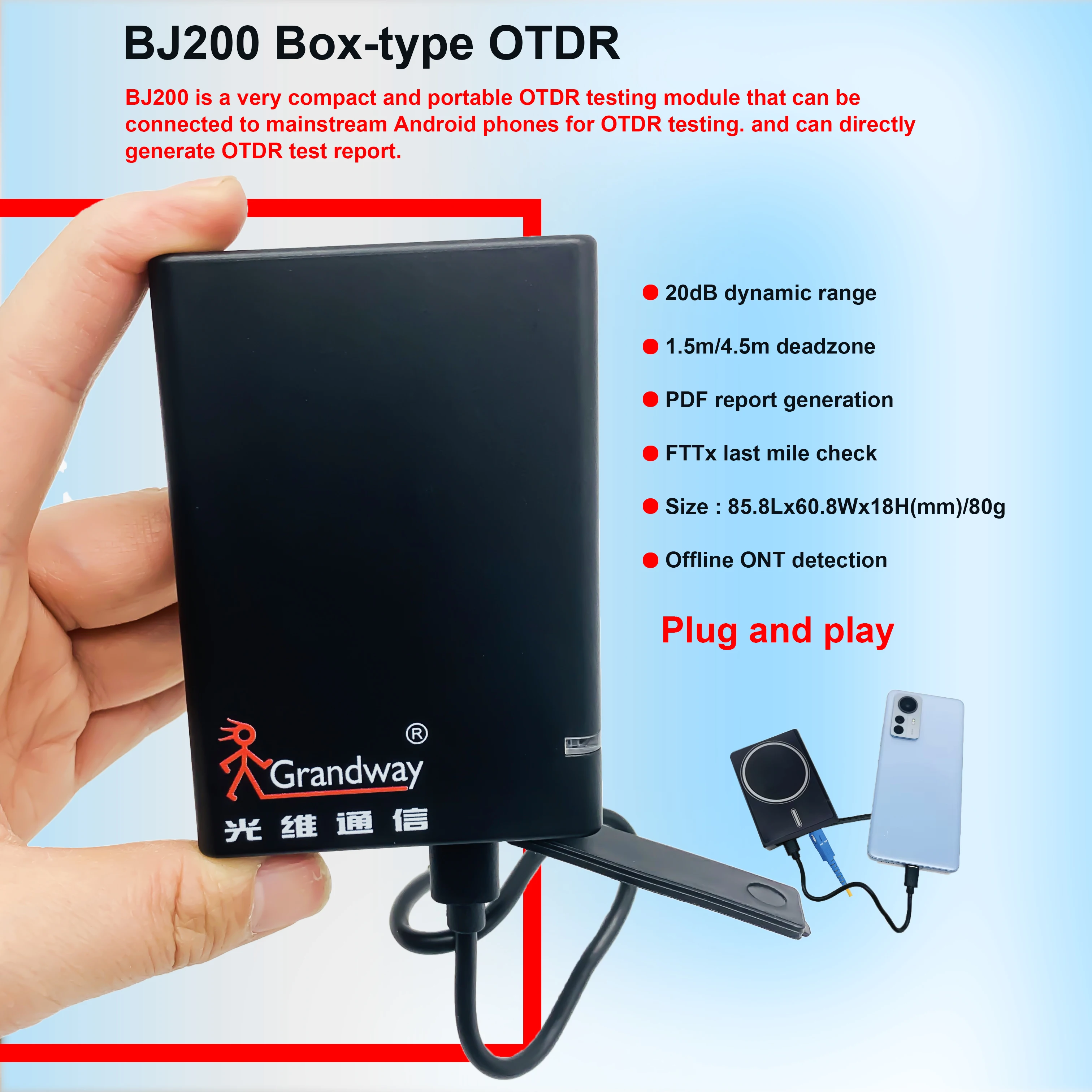

Оптический рефлектометр OTDR Box Type BJ200 с поддержкой тестирования активных волокон 1550нм/1650нм 20дБ, Plug and Play, MINI OTDR, малая мертвая зона 1.5м/4.5м, совместим с Android