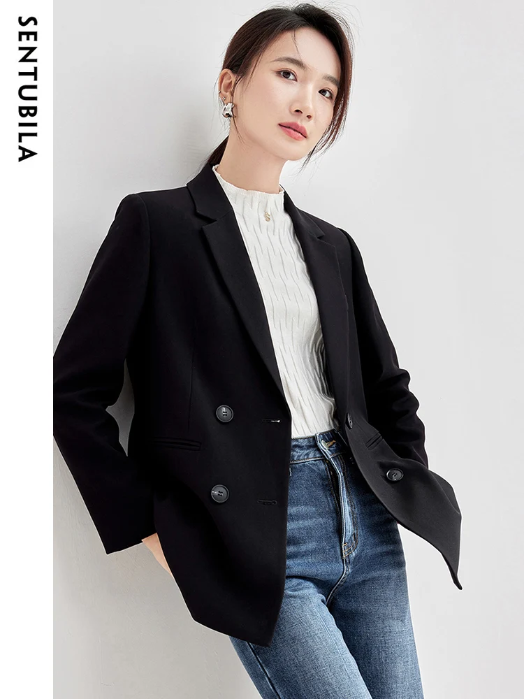 

SENTUBILA Black Tailoring Blazer Women 2023 Elegant Notched Double Breasted Jacket New in Outerwears Woman Clothing 133X49854