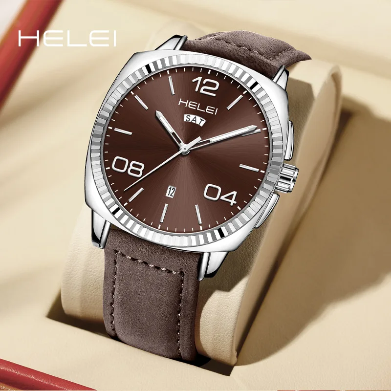 

HELEI Counter Genuine Men's Watch Fashion Quartz Watch Genuine Leather Strap Calendar Week Display