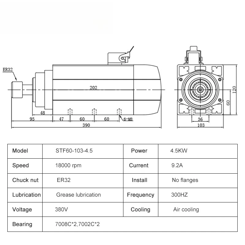Cnc square Air-cooled Spindle Motor 4.5KW ER32 Chuck 4 Bearing 220v 380v Cnc Engraving and Milling Machine Converter