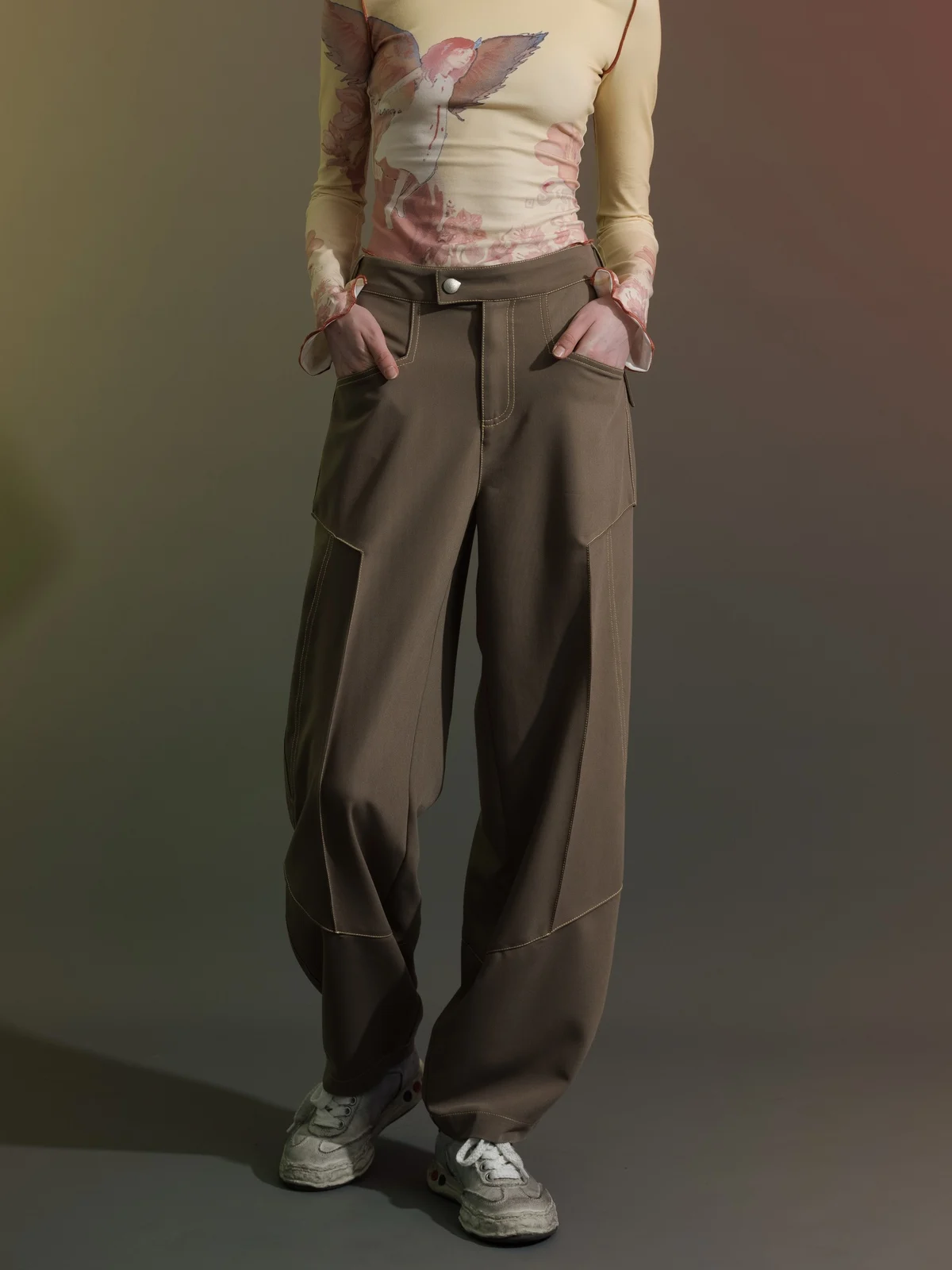 

SUSUAN Khaki Color Blo Work Pants Draped Structure Loose Fit Casual Women's Long Trousers Autumn Season l Waist