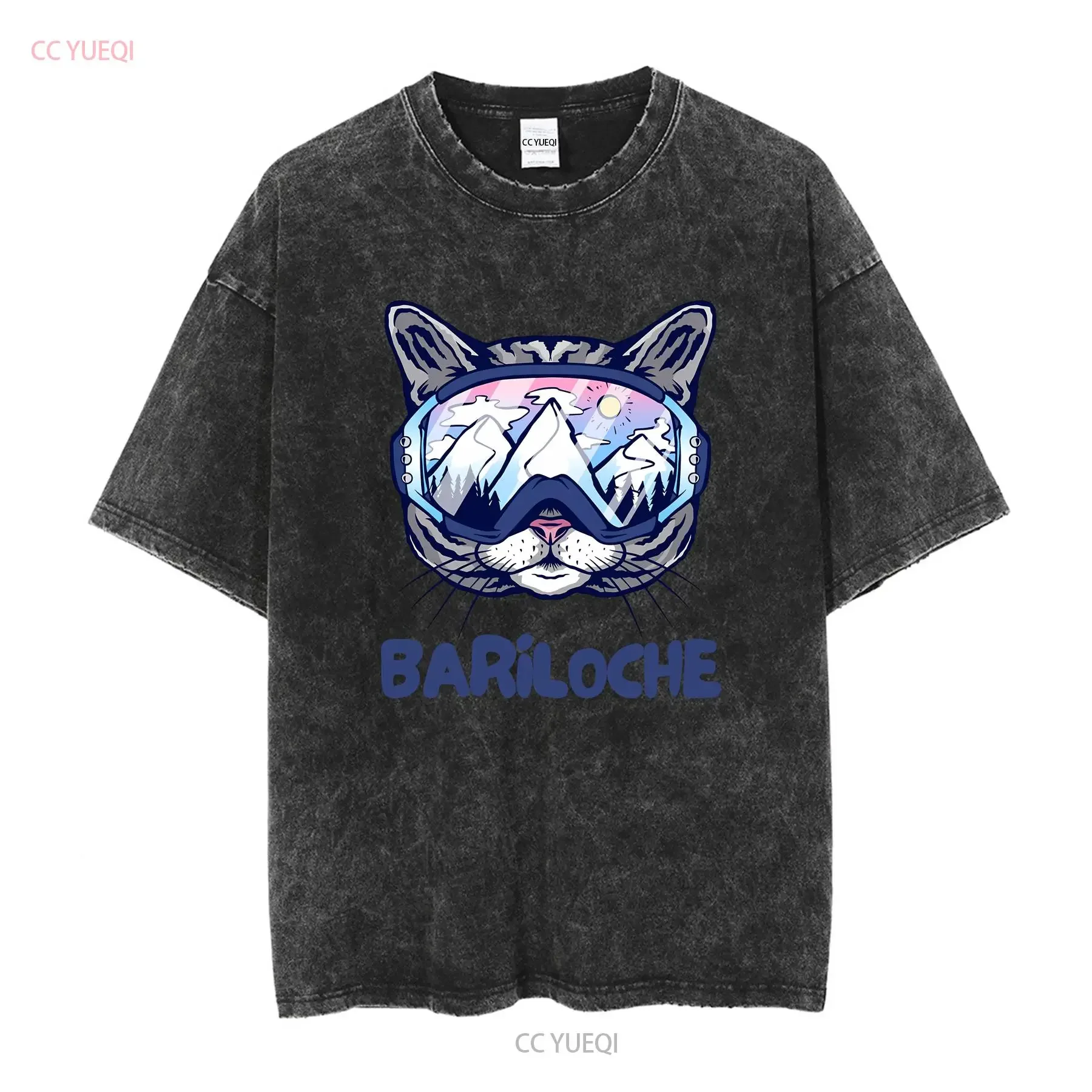 Bariloche Skiing Cat T Shirt Souvenir Funny Winter for Skiers Snowboarders Wearing Ski Goggles Argentina vintage Washed homme view 2