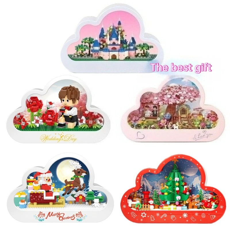 

Santa Claus Building Block Toy Set with Lights Romantic Cherry Blossoms Roses Castle Bricks Decorative Toys for Girls Children