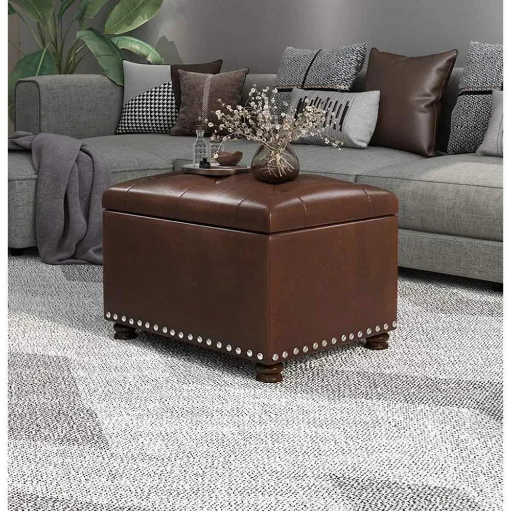 Banco de armazenamento de couro retângulo 24 polegadas banco de descanso para pés para sala de estar e quarto