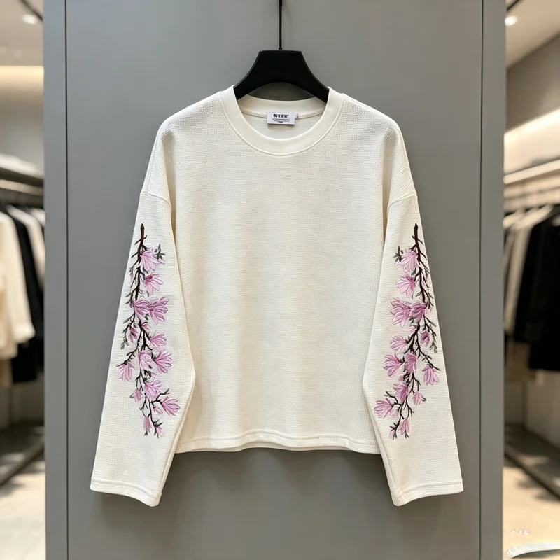 Sleeve Embroidery Floral Waffle T-shirt Men Women High Quality Casual Quick Dry Loose Breathe Long Sleeve T Shirt Tops Tee
