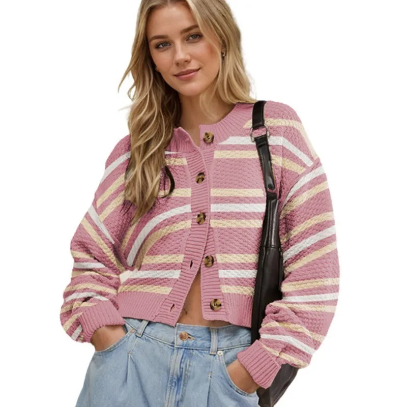 

2025 Winter New Women's Knitted Cardigan Striped Sweaters Loose Fit Warm Outerwear for Daily Knitting Button Sweater Tops