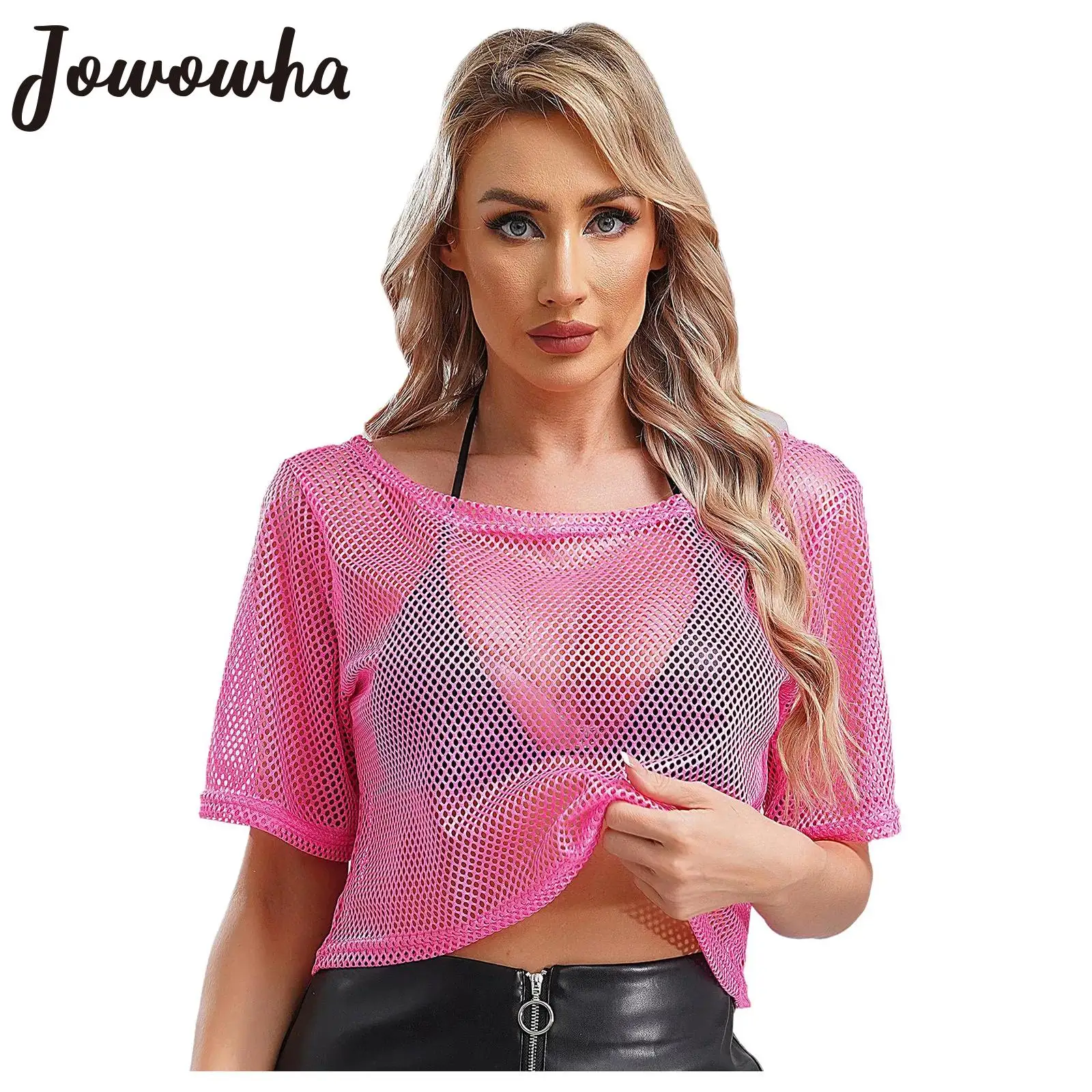 Women Neon 80s Disco Fishnet T-shirt Round Neck Short Sleeve Hollow Out Mesh Crop Top Camisole Cover-up Dancing Party Clubwear