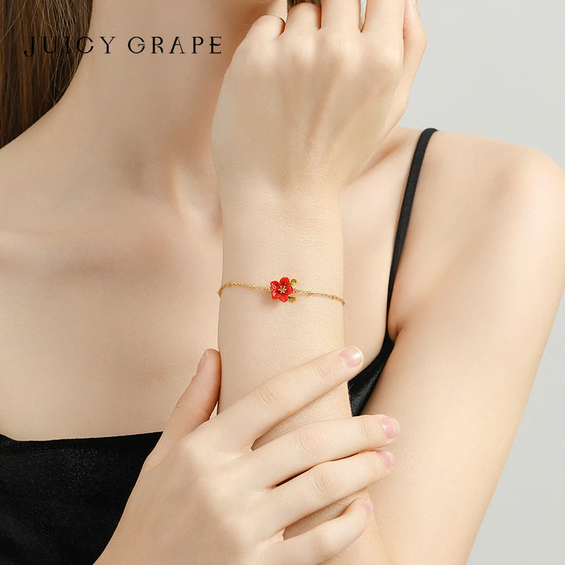 JUICY GRAPE Original Design Light Luxury Niche Sweet and Simple Enamel Begonia Flower Bracelet for Women French Style Summer