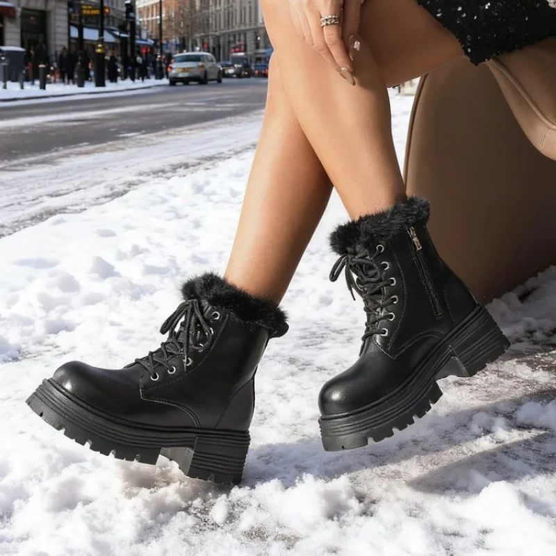 

Chunky Platform Ankle Boots 2025 Winter Women's Snow Booties British Style Plush Lined Warm Comfortable Non-Slip Shoes