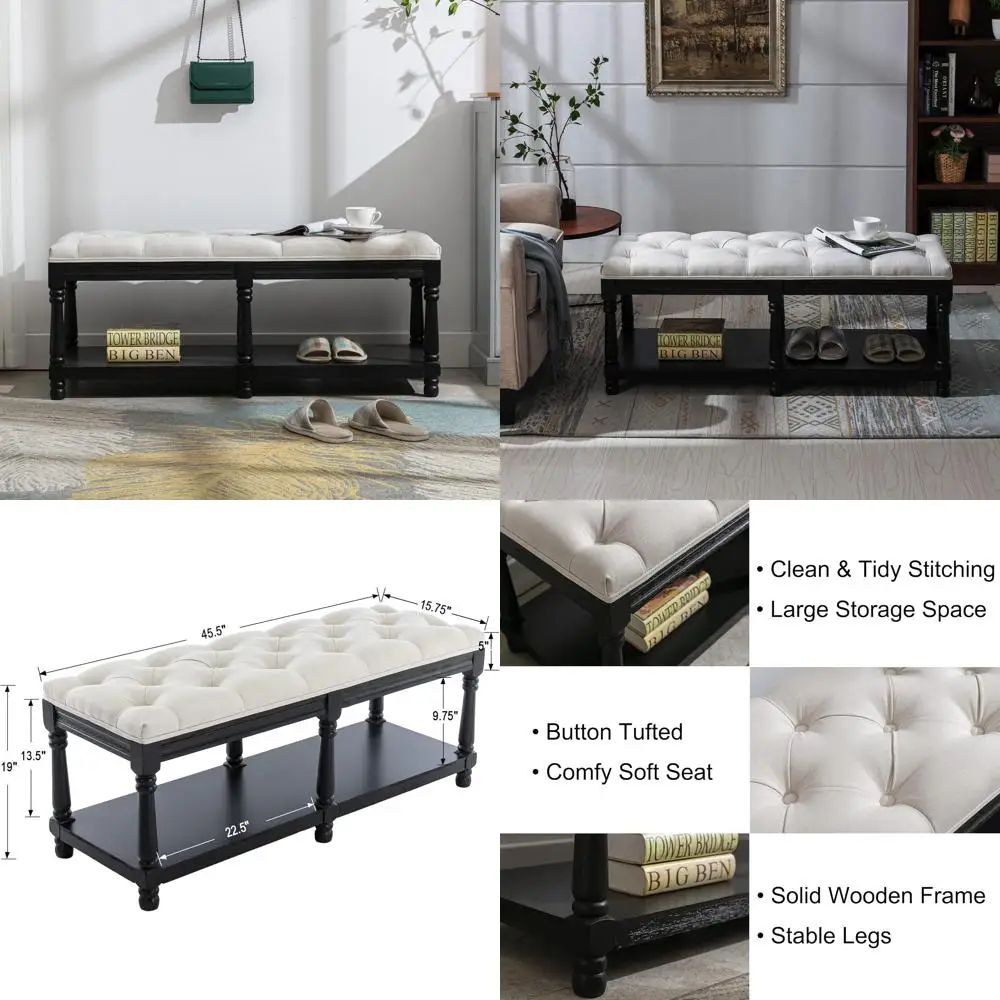 مقعد تخزين منجد بأزرار طويلة جدًا مع رف أحذية خشبي للمدخل وغرفة النوم