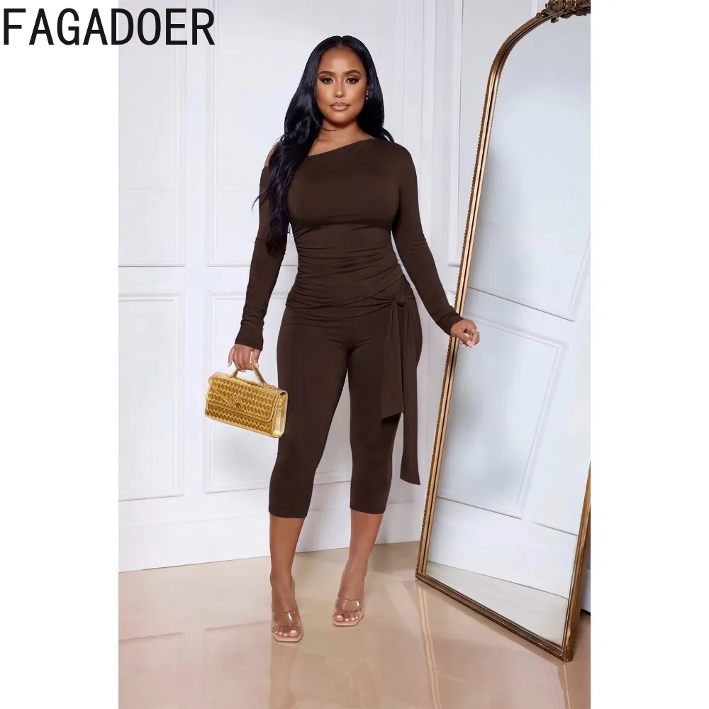 FAGADOER Women Fashion Two Piece Set Off Shoulder Long Sleeve Ruched Tie Top And Capri Pants Casual Bodycon Streetwear Outfit view 3