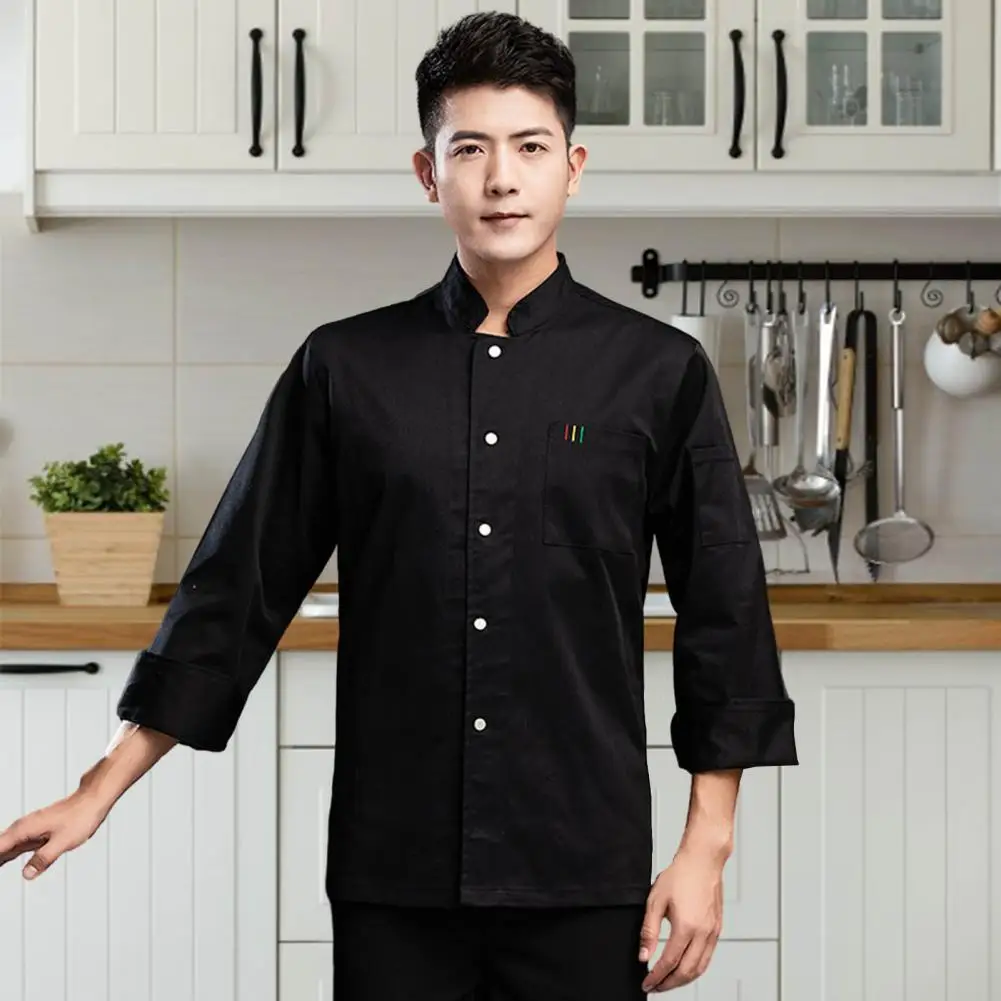 Uniforme de Chef de manga larga para hombre, cuello alto, botonadura única, Hotel, restaurante, cocina, ropa de Chef de panadería francesa occidental