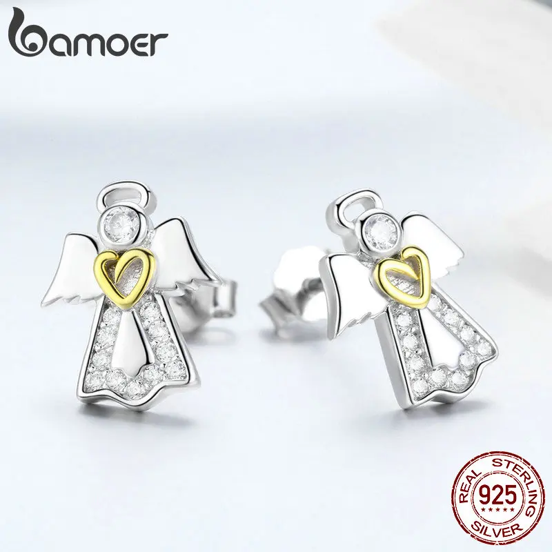 Bamoer Hot Sale 925 Sterling Silver Guardian Angel Stud Earrings Pave Setting CZ for Women Fashion Jewelry Gift SCE476