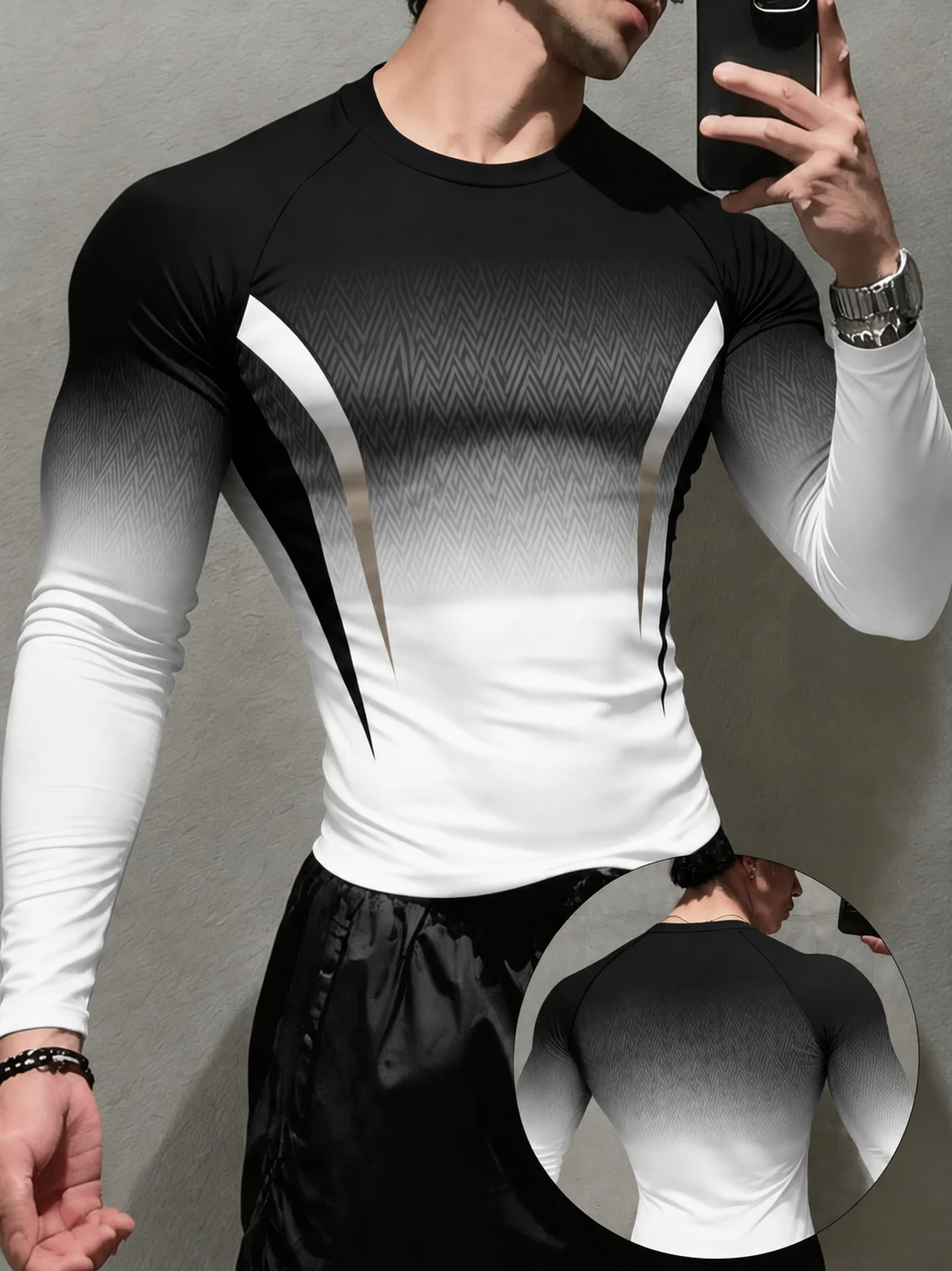 Men's Sporty Long Sleeve Tee Black White Gold Silver Gradient Line Slim Fit Fashion Gym Training Top