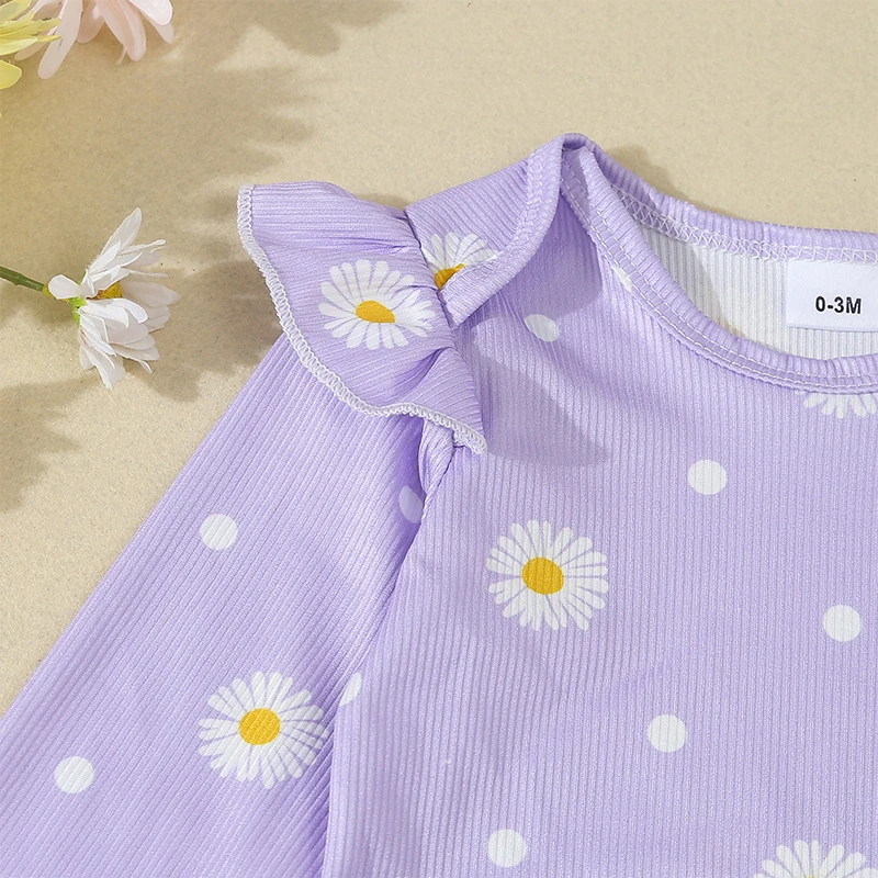 Newborn Infant Girl Clothes Daisy Print Rib Knit Romper Pants Headbands Baby Clothes for Girls 0 3 6 12 18 Months