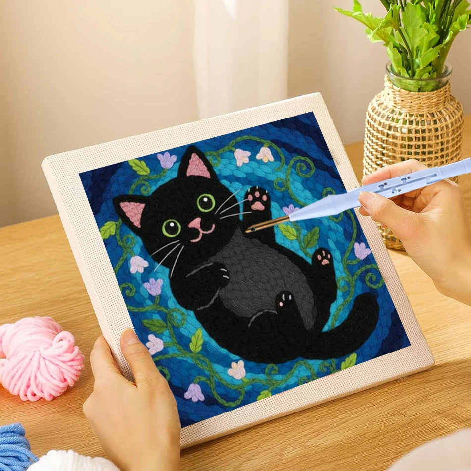 

Punch Needle Embroidery Kit for Beginners Cute Black Cat 25x25cm Square Punch Needle with Frame Handcraft Diy Craft Gift