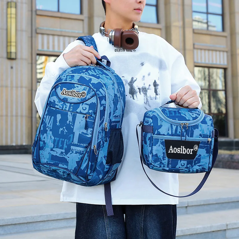 2Pcs School Backpack Set for Men Waterproof Oxford Bookbag with Insulated Lunch Bag Outdoor Travel Bags