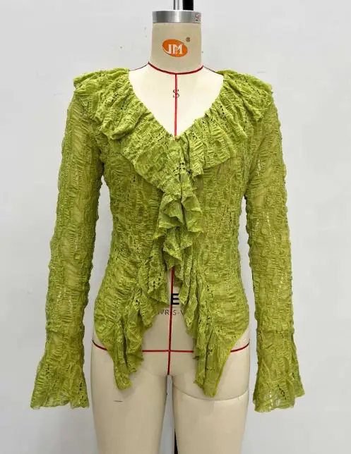 

Woman Blouse 2025 Spring Autumn New Fashion Ruffle Decor Solid Color Long Sleeved Knitted Top Lace V-Neck Casual Daily Shirt
