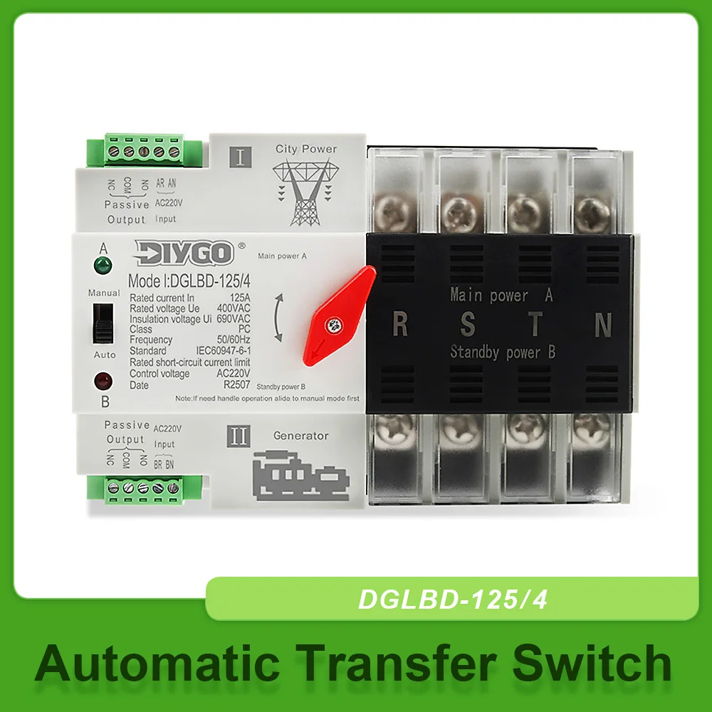 4P ATS Three Phase Automatic Transfer Switch Dual Power Electrical Selector Switches 125A 220V/110V Uninterrupted Power 50/60Hz