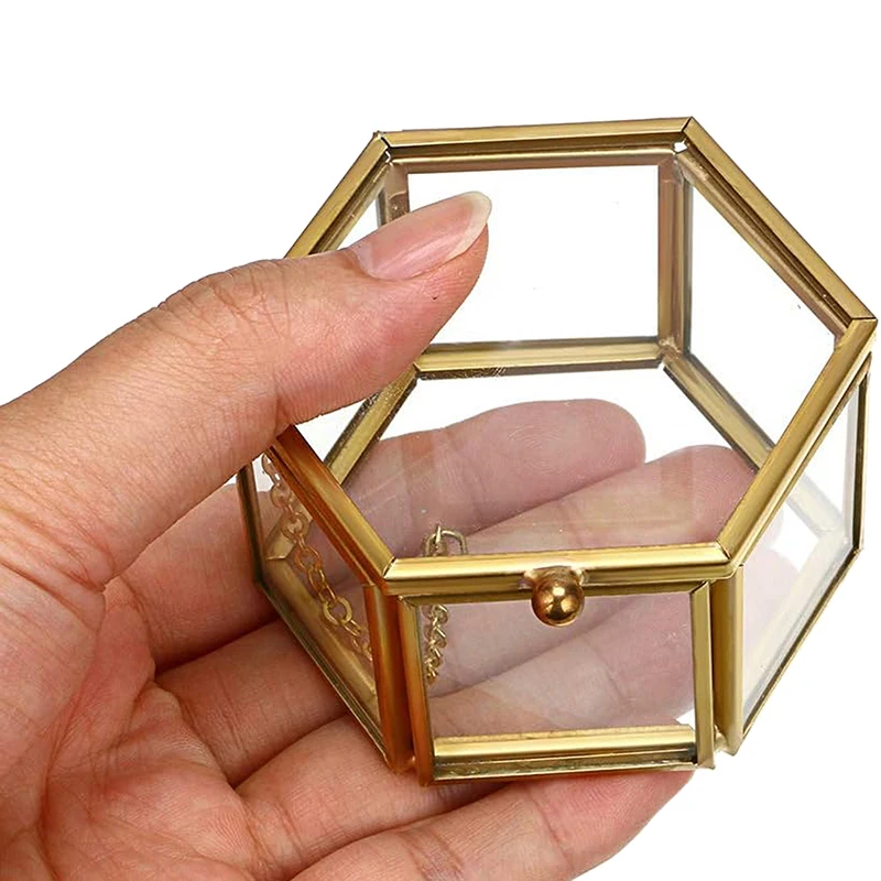 Luxurious Retro High-End Hexagonal Ring Box Gold Jewelry Storage Accessory with Golden Glass for Stylish Organizing