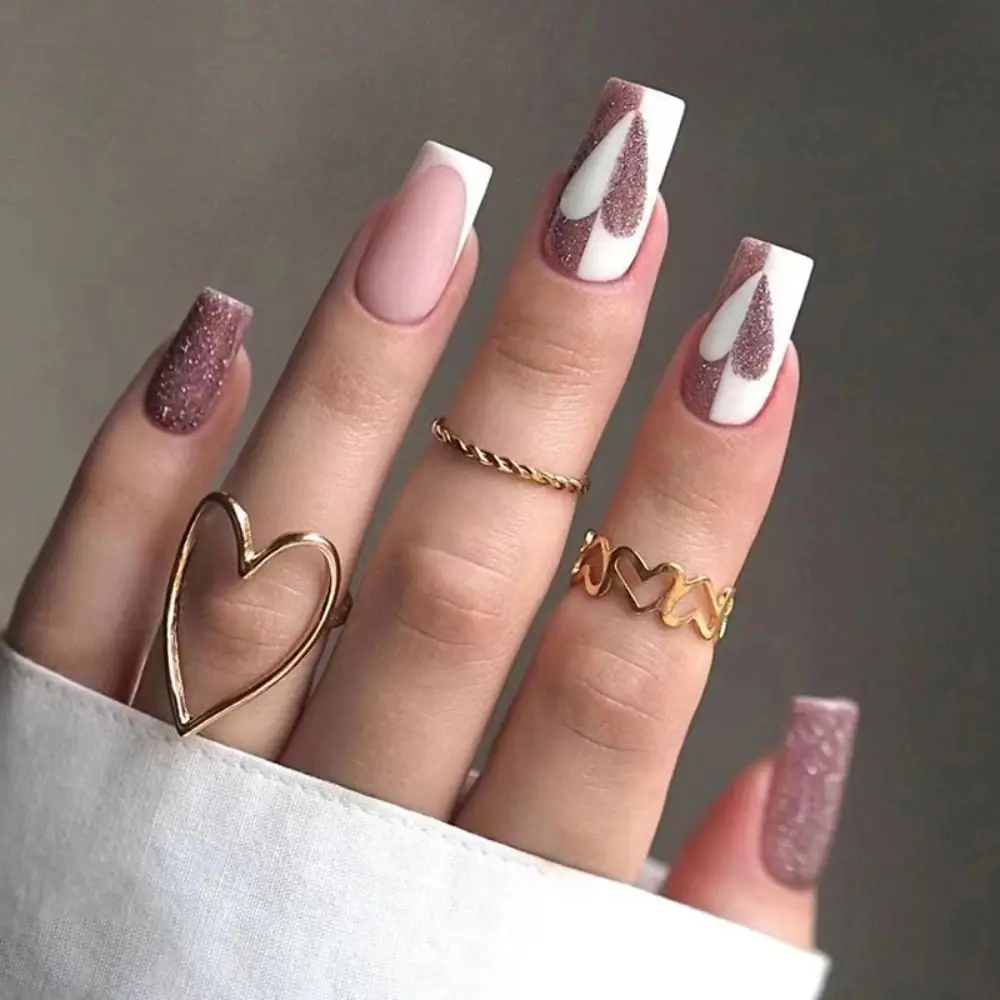 Fashion Long Square False Nails Glitter Heart White Crackle Press on Nails Full Cover Sweetheart Nail Tips Women Girls