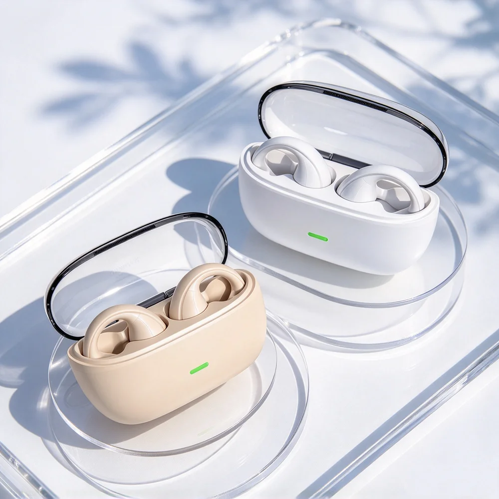 Fones de ouvido sem fio TWS, com tecnologia Bluetooth, que incorporam um sistema de ajuste acústico aprimorado, estrutura leve e fácil de emparelhar para reprodução de áudio.