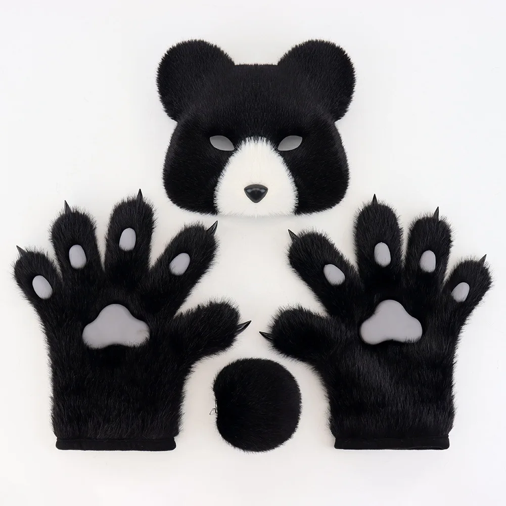 Halloween Animal Plush Suit Simulation Bear Mask Handmade Bear Claw Gloves Cosplay Comic Show Gloves Props