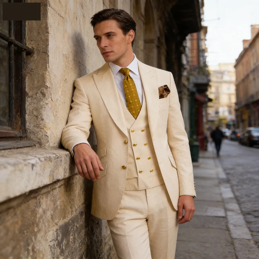 

Men's Slim Fit Prom Tuxedo 3-Piece Set with Peak Lapel Blazer Vest Pants - Wedding Groom Business Formal Party Costume Homme