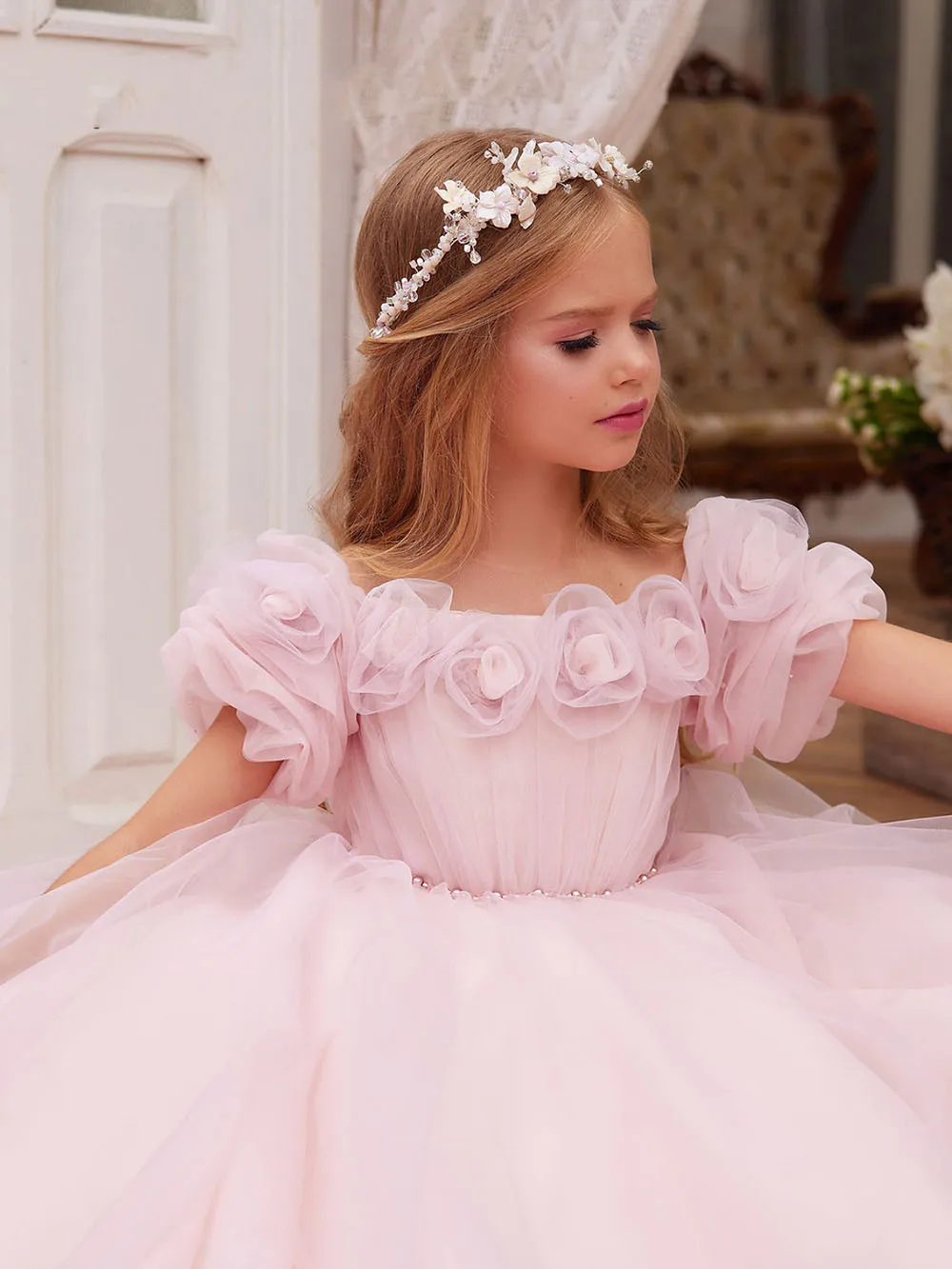 Vestido rosa de tul con flores para niña, apliques de boda, mangas cortas hinchadas, vestido de princesa para fiesta de cumpleaños, vestido de baile de primera comunión 2024