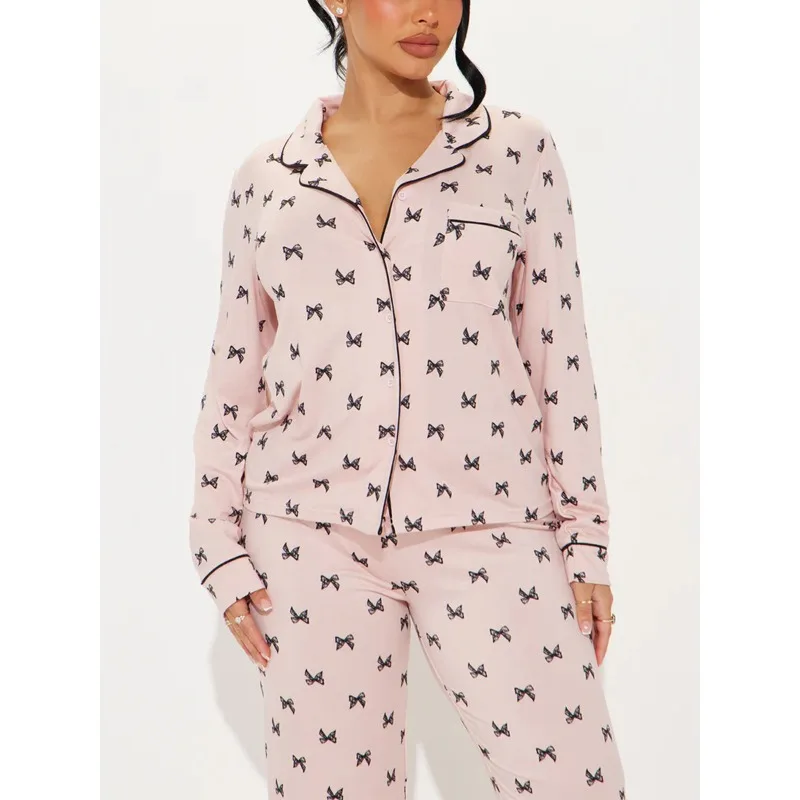 2-delige set dames pyjamaset met print, revers, lange mouwen, top en broek, casual loungewear, nachtkleding