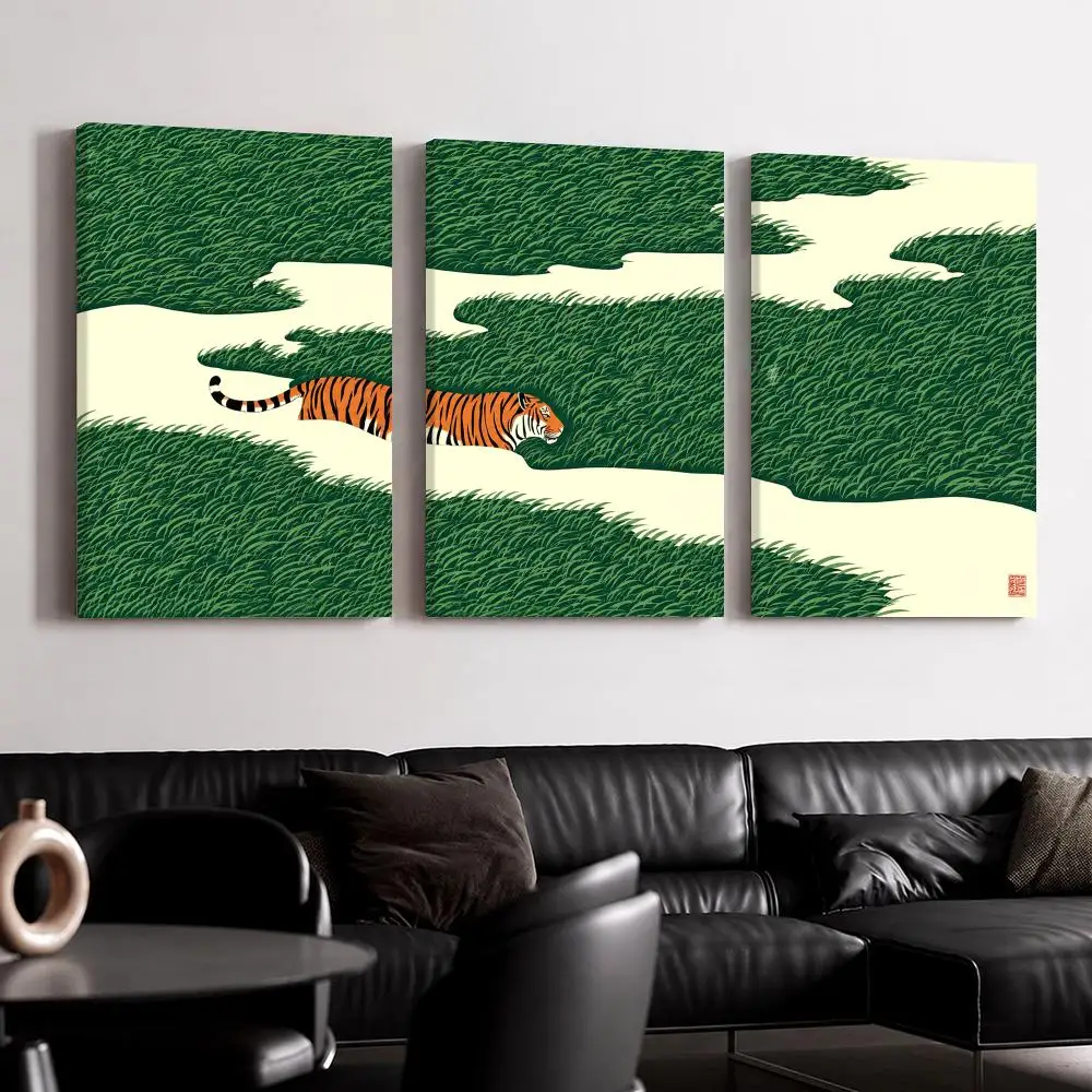 Prairie Tiger Art Framed Wall Painting Ready to Hang Canvas Poster for Bedroom Living Room Hallway Home Decor Gift
