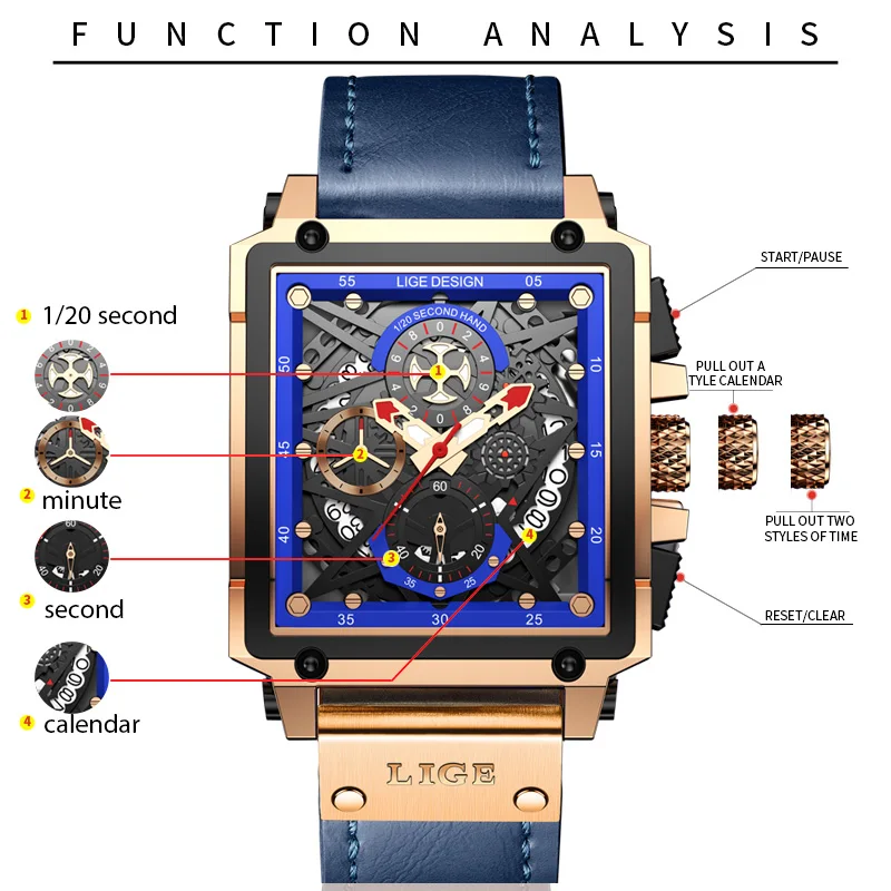 2024 New LIGE Men Watches Top Brand Luxury Hollow Square Sport Watch For Men Fashion Leather Strap Waterproof Quartz WristWatch