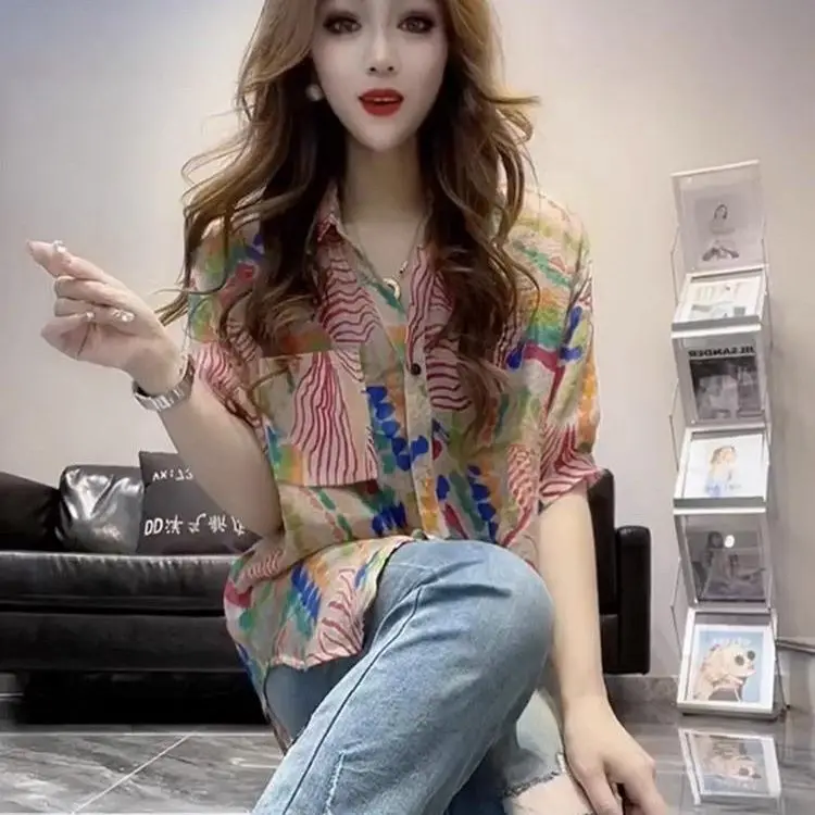 

Summer New Korean Fashion Tops for Age-reducing Printing Loose Casual Versatile Half-sleeved POLO Collar Shirts for Women