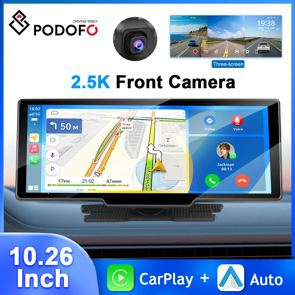 Podofo 10.26-inch 2.5K DVR CarPlay Android Auto Car Monitor Dashboard Bluetooth Airplay Android Cast Three Cams Dash Camera