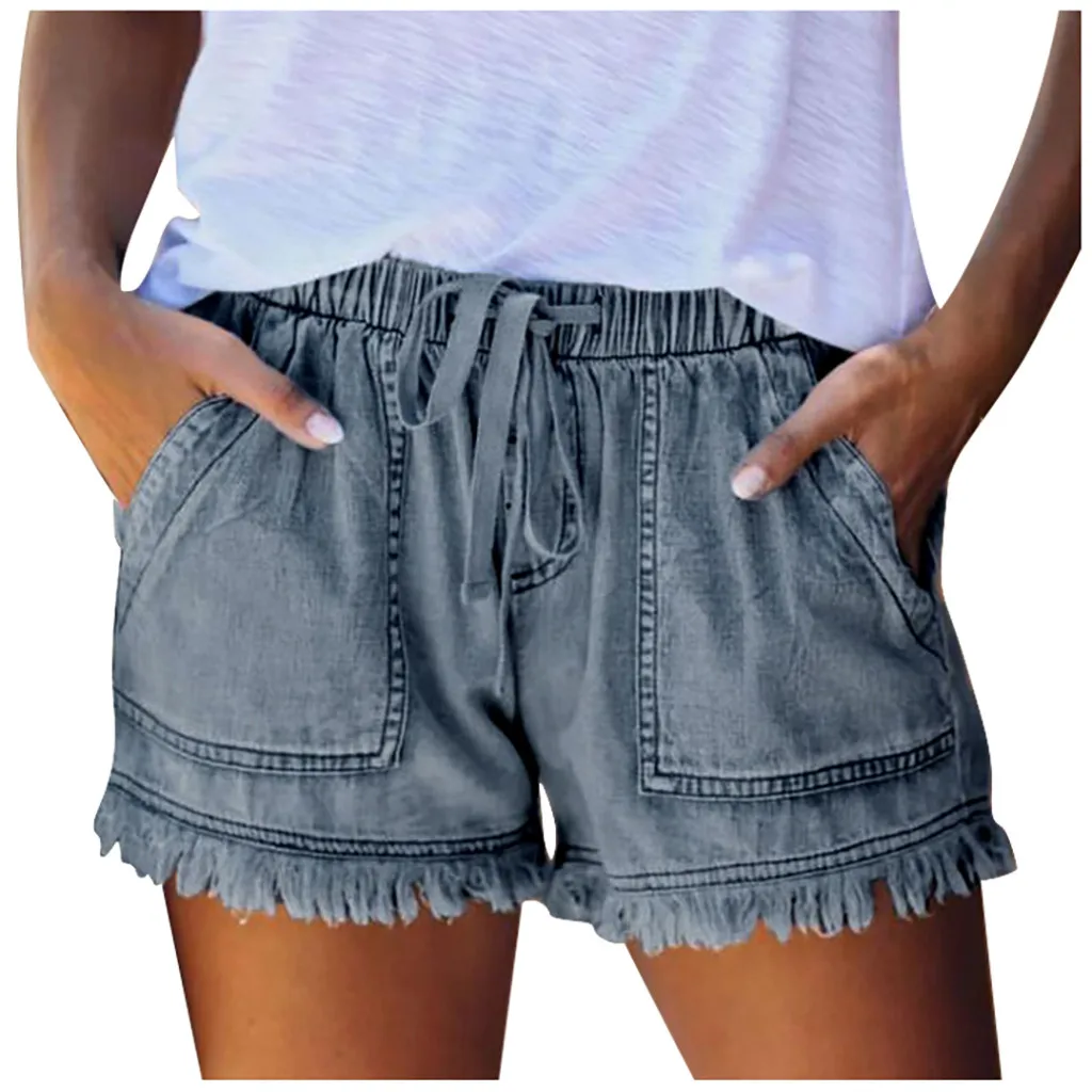 Women\'s Washed Denim Shorts Casual Drawstring Elastic Waist Frayed Hem Loose Short Jeans Tassel Bottom Clothing Pocket Pants