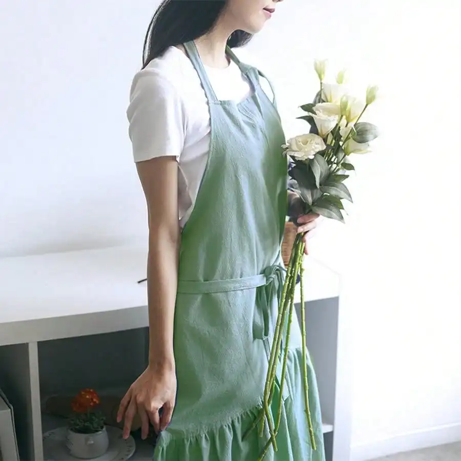 Brief Nordic Wind Mermaid Fairy Cotton Linen Cooking Kitchen Apron For Woman Dress Flower Shop Smock Hairdresser Bib