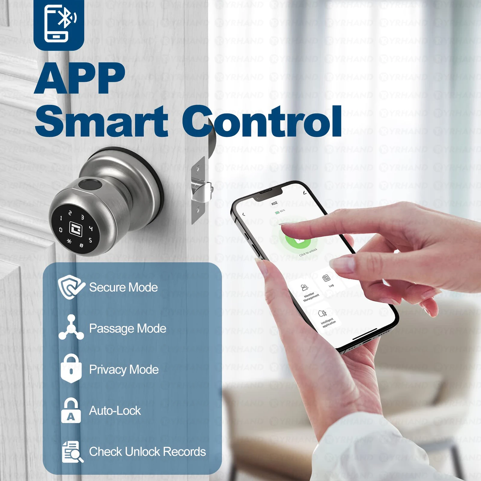 YRHAND Fingerprint Lock para Tuya, à prova d'água Smart Lock, Keyless Entry, Biometric Fingerprint, Key Unlocking, Keyless Unlocking