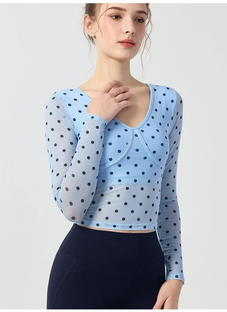 JHJN Hottie Design Sense Yoga Wear Long Sleeves Dot Self-Cultivation Mesh With Padded Cups Fitness Tops T-shirt For Women